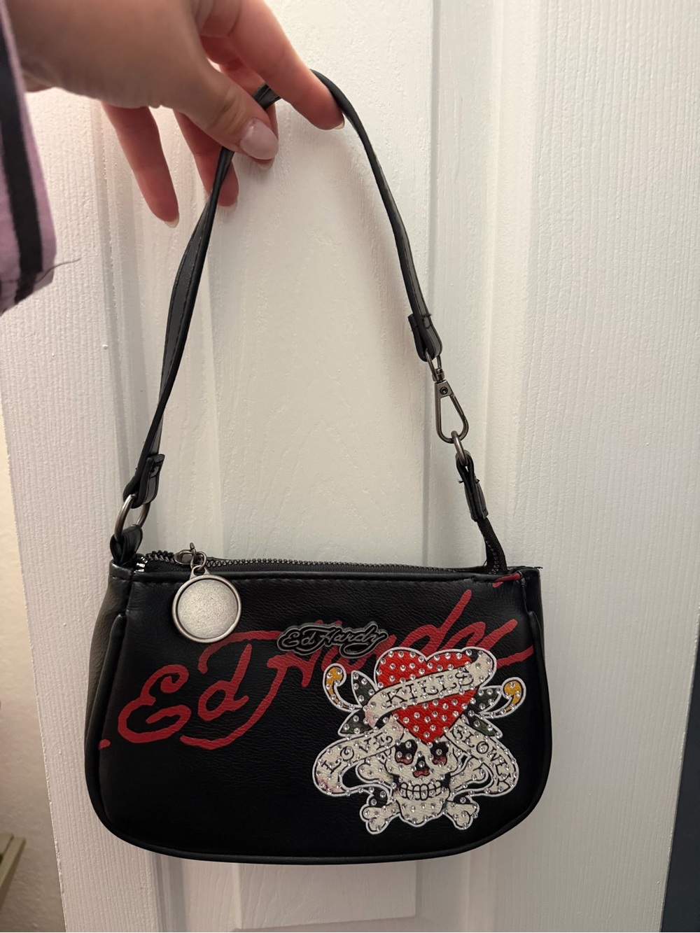 Ed Hardy Black Shoulder Bag with Red Script and Heart Skull Patch